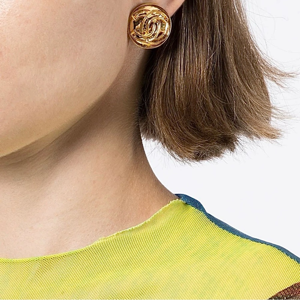 CHANEL 24k CC Coco Mark Round Earrings Circle 28 2853 GP Ladies 1993 Collection - Picture 2 of 3